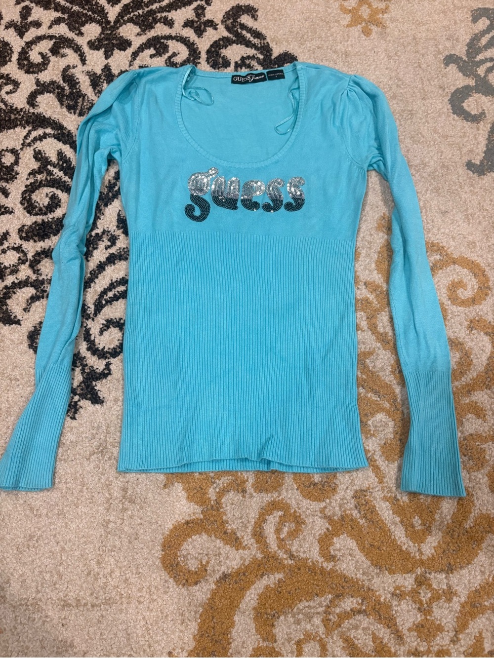 Guess Turquoise Long Sleeve Scoop Neck light weight sweater with Sequin Logo